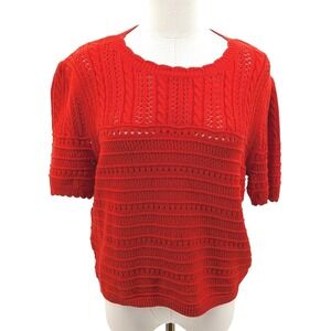 Draper James Open Knit Sweater Womens L Red Orange Cotton Cable Short Sleeve